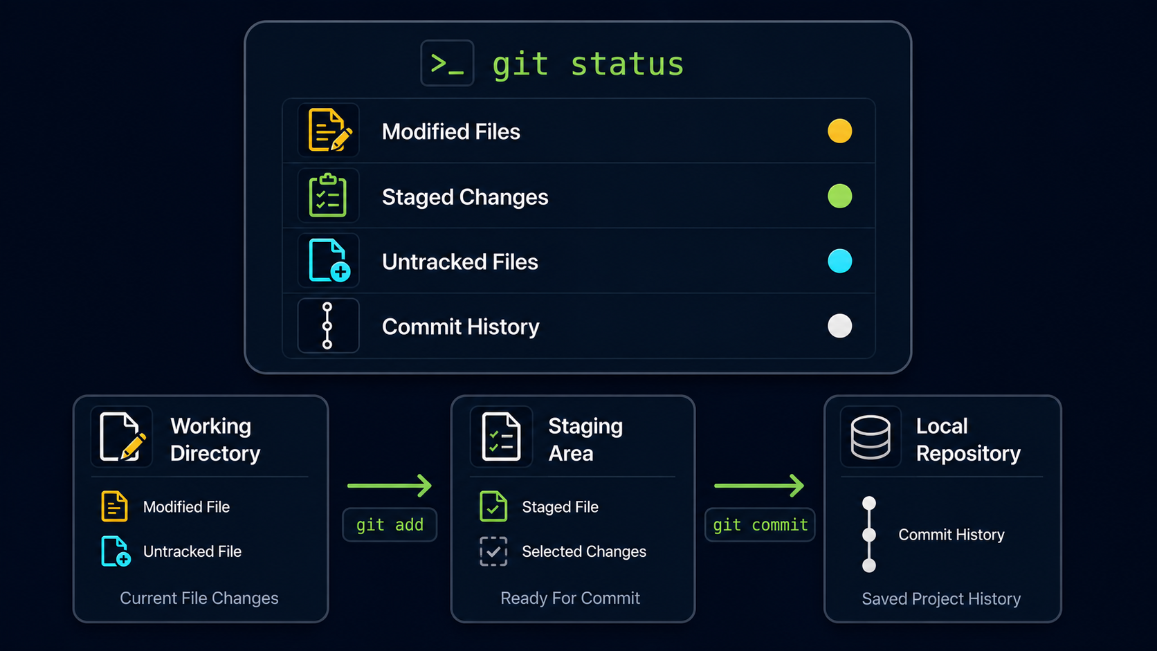 Git status dashboard diagram showing working directory, staging area, and local repository states