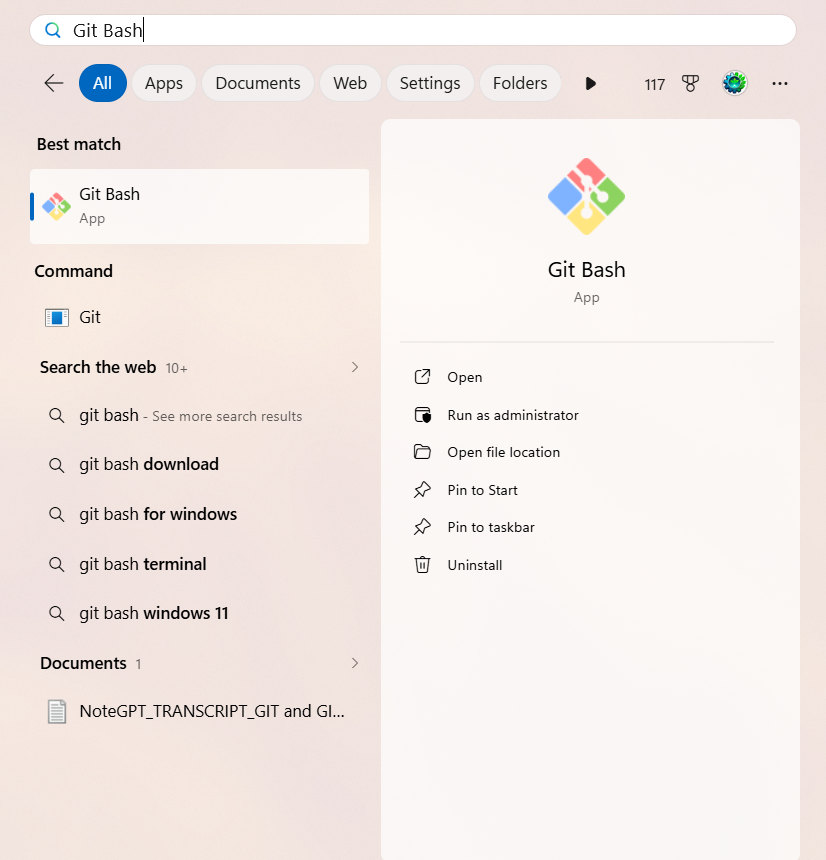 Git Bash application in the Windows Start Menu.