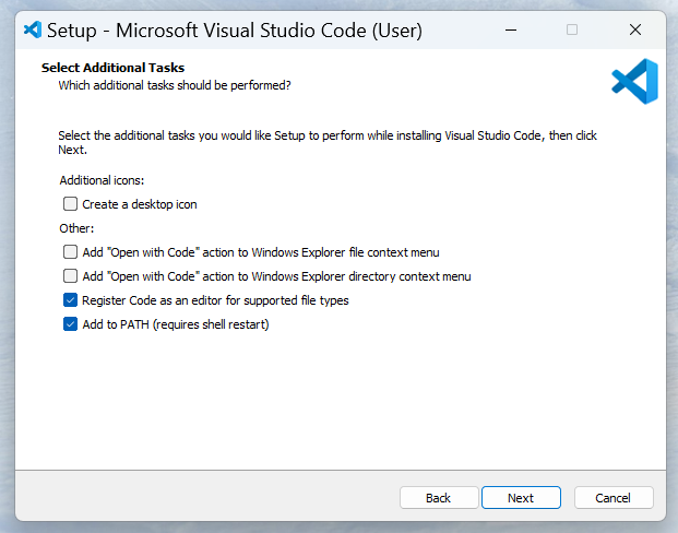 Visual Studio Code setup additional tasks screen on Windows 11