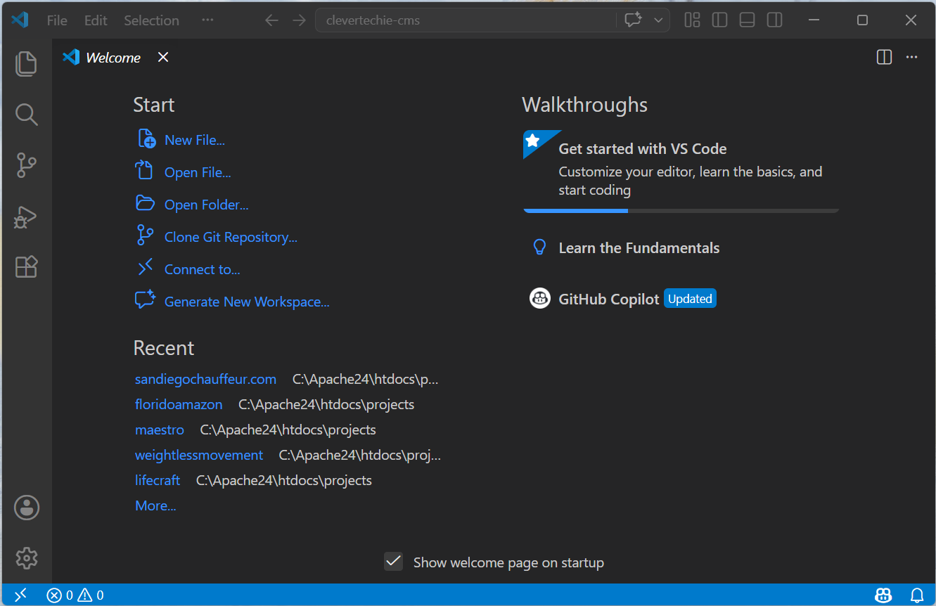 Visual Studio Code welcome screen on Windows 11